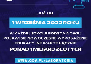 Grafika promocyjna -Już od 1 września 2022 roku w każdej Szkole Podstawowej pojawi się nowoczesne wyposażenie edukacyjne warte łącznie ponad 1 miliard złotych. www.gov.pl/laboratoria